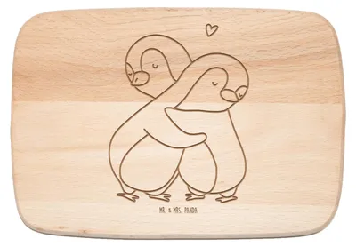 Produktbild von Mr. & Mrs. Panda Holzbrett Pinguine Kuscheln - Transparent - Geschenk, Freundin, Holzbrettchen, für Frauen, Freund, Frühstücksbrett, Valentinstag, Frühstücksbrettchen