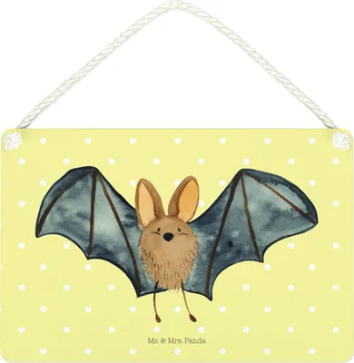 Produktbild von Mr. & Mrs. Panda Schild Fledermaus Flügel DIN A4 - Gelb Pastell - Geschenk, Wandbild Holz, Dekobrett, Holzschild, wandtafel, Lustige Sprüche, Türschild
