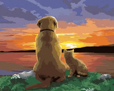 Produktbild von Zuty - Malen nach Zahlen - HUND UND KATZE BEOBACHTEN DEN SONNENUNTERGANG (HOWARD ROBINSON), 40x50 cm, mit Keilrahmen (bereits gespannt)