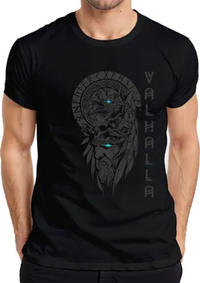 Produktbild von Valhalla Wikinger Helm Schädel Raben Runen Nordisch Gothic Odin Herren T-Shirt, Schwarz, 3XL