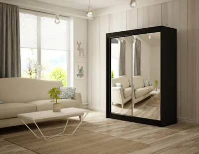 Image de Armoire Elsa 150 cm avec 2 portes coulissantes et miroir, tringle à vêtements, penderie, livraison à domicile (couleur : noir)