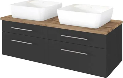 Produktbild von Doppel Waschtischunterschrank 120 cm  inkl. Keramik Aufsatzwaschbecken TAREE-03 in matt grau