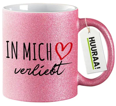 Produktbild von Huuraa Glitzertasse In mich verliebt 330ml Pink Keramik Kaffeebecher Geschenkidee