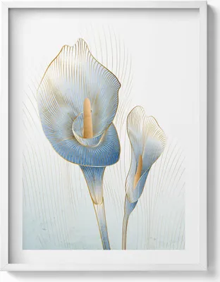 Produktbild von Illustration von Blumen mit Gold– Wandbild mit Rahmen – Gerahmtes Bild  – Wanddekoration – 60x80 cm –  Weiß Rahmen
