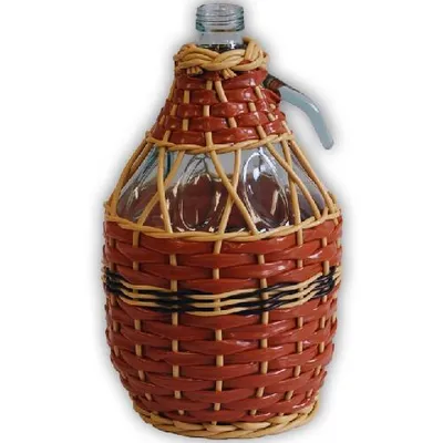 A woven bottle with a handle on a white background.