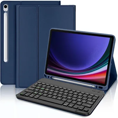 Image de Coque Clavier pour Samsung Galaxy Tab S9 (11 Pouces) CuirPolyuréthaneBleu Marine avec Clavier Magnétique Bluetooth