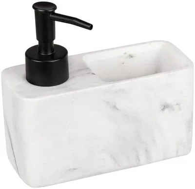 Produktbild von Unyqoos® Spülmittelspender in Marmoroptik – ca. 150 ml, schwarzer Kunststoff‑Pumpkopf, integriertes Schwammfach & Schwamm, 14,5×14,3×6 cm, für Küche & Bad