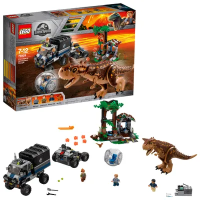 A LEGO Jurassic World Carnotaurus escape playset is shown, featuring a box and the assembled toy.