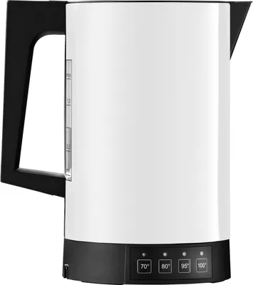 A white electric kettle with a black handle and base, shown from the front.