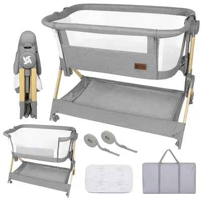 Produktbild von Babybett Reisebett Beistellbett - Klappbar mit Rollen - Holzfarben - 5 Höhenstufen