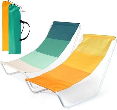 Produktbild von Set aus 2 klappbaren Strandstühlen mit Tragetasche – Leichter Campingstuhl – Ideal für Strand, Garten, Balkon, Terrasse – Metallgestell – Sitzfläche aus Polyester – Transportabel – Für Reisen