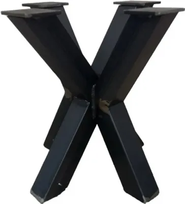A black metal table base with an X-shaped design.