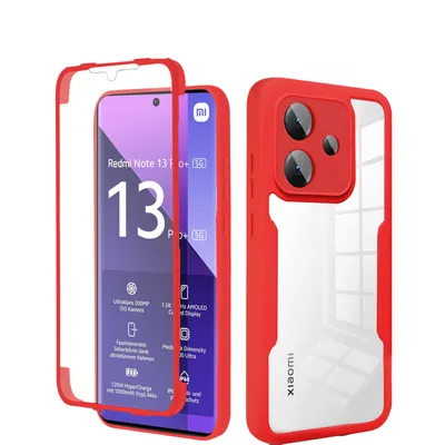 A red phone case with a transparent back is shown next to a smartphone displaying product information.