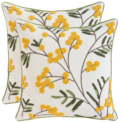 Productafbeelding van 2 kussenslopen, 50x50 cm, geel, met een borduurmotief van zandvruchten