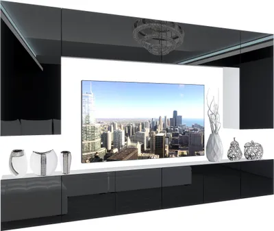 Produktbild von BELINI Wohnwand Vollausstattung Wohnzimmer-Set Moderne Schrankwand mit LED-Beleuchtung Weiß Glänzend Anbauwand TV-Schrank Schwarz Glänzend