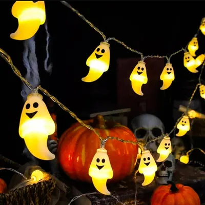 Halloween-Lichterkette 3 m, 20 LEDs, Geister, Timer, batteriebetrieben, weiß