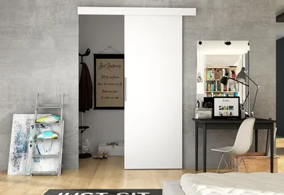 A modern interior scene featuring a white sliding door, a desk with a laptop, and decorative items.