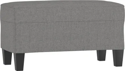 A grey fabric bench with black legs is shown from the front.