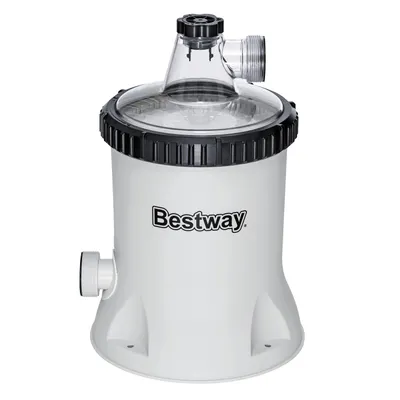 A white Bestway pool filter pump with a clear lid and black accents, shown against a white background.