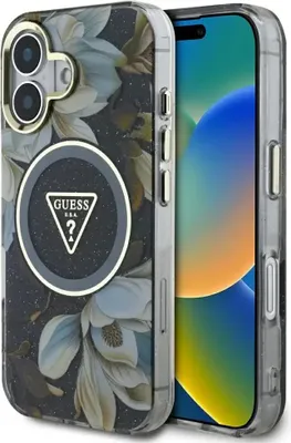 Image de GUESS étui pour IPHONE 16 compatible avec MagSafe GUHMP16SHFLPEDK (IML Metal Glitter Flowers Triangle) black
