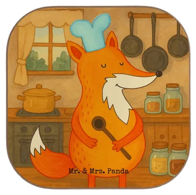 Produktbild von Mr. & Mrs. Panda Untersetzer Glas Fuchs Koch Design - Weiß - Geschenk, Köche, Hungrig, Tassenuntersetzer, gläseruntersetzer, Coaster, Bäcker, Kochlöffel, Gläser, Chefkoch