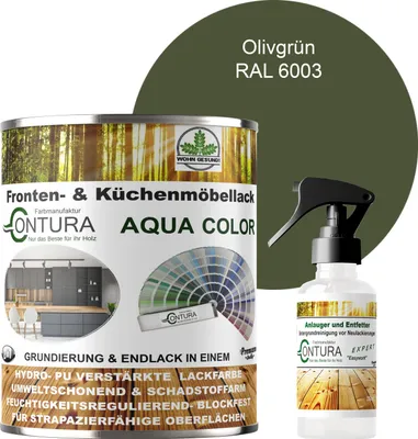 Produktbild von 750ml. + Anlauger - Contura Küchenmöbellack RAL Möbellack SEIDENMATT SET Möbelfarbe Holzlack Buntlack Küchenlack - RAL 6003 Olivgrün