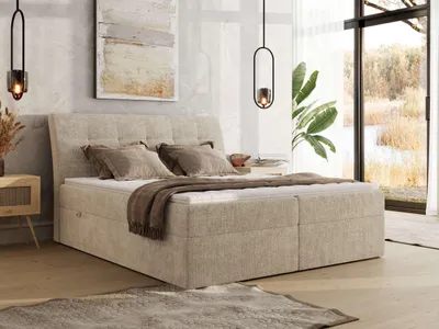 Produktbild von MKS MEBLE Boxspringbett DAGOS 140 x 200 cm mit Bettkasten & Stauraum, 7-Zonen Matratze H3 , Inkl. Topper Visco, Hotel-Design, Doppelbett mit hohem Kopfteil - Schenille grob gewebt