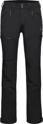 Schwarze Softshellhose von Mammut mit Reißverschlusstaschen und Logo auf dem Oberschenkel