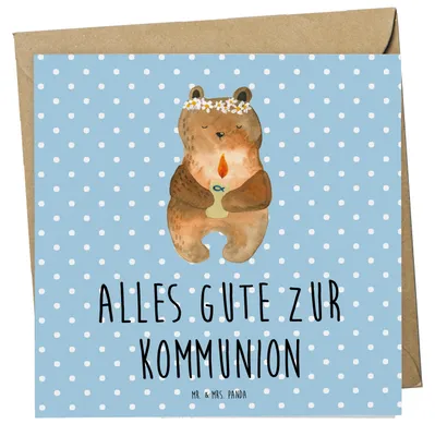 Produktbild von Mr. & Mrs. Panda Grußkarte Bär Kommunion - Blau Pastell - Geschenk, anlasskarte, Teddybär, Taufkerze, doppelkarte, Katholisch, Gottes Segen, Glückwunschkarte, Klappkarte