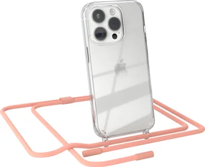 Produktbild von EAZY CASE Handykette für Apple iPhone 15 Pro, Clear Case aus Silikon, mit Umhängeband, abnehmbare Endstücke, Handyband in Rosa