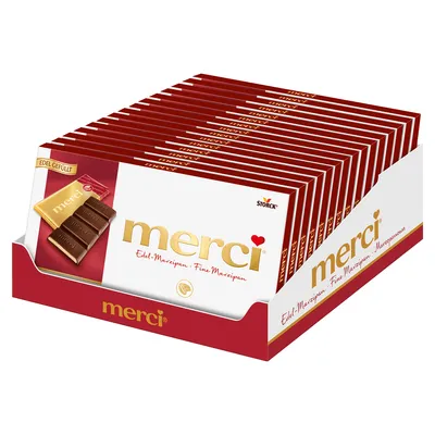 A display box of Merci Edel Marzipan chocolate bars.