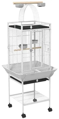 Immagine prodotto di Gabbia per pappagalli con 3 porte e posatoio per il cibo | Colore: Bianco | Dimensioni: 62,5 x 62,5 x 156 cm