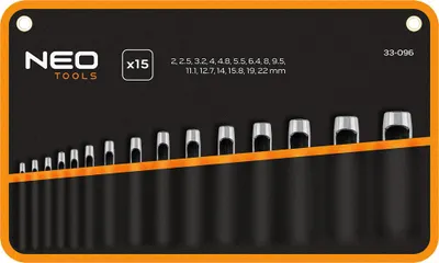 Image de NEO TOOLS Kit de poinçons professionnels 15 pièces – Jeu de poinçons creux 2-22 mm en acier au carbone 45#, 48-50 HRC