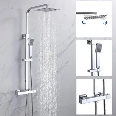 Produktbild von Thermoelektrische Dusset mit Quadratischer Regenduschkopf und Handdusche, Chrom