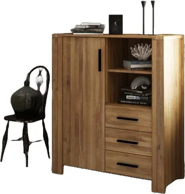 Produktbild von Kommode Lubic aus Wildeiche massiv 111x45x128 mit 1 Tür 3 Schubladen 2 Fächern