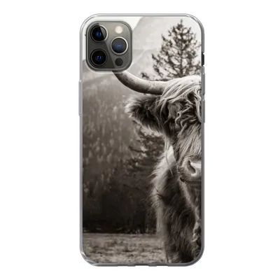 Produktbild von MuchoWow® Handyhülle Schutzhülle Hülle für iPhone 12 Pro Max Scottish Highlander - Stier - Schwarz - Weiß Silikon Softcase Handy Hülle - Hartschale