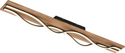 A modern, wavy ceiling light with a wooden base and integrated LED lighting.