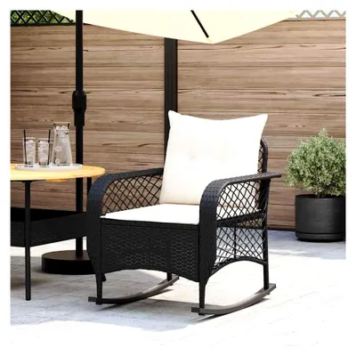 Produktbild von Garten-Schaukelstuhl mit Kissen, PE-Rattan, pulverbeschichteter Stahlrahmen, Relaxsessel für Garten und Balkon, Schwarz, 67 x 75 x 75 cm