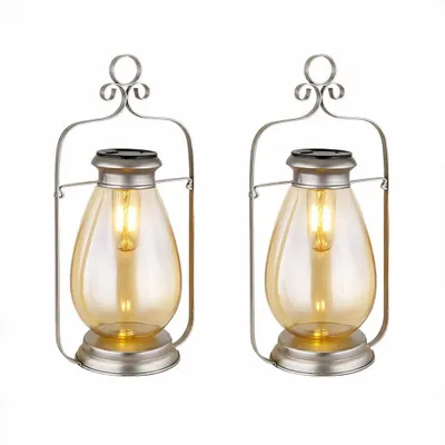 Produktbild von 2x LED Solarlampe, Laterne, silber, Glas amber, IP44, H 36,5 cm