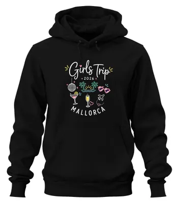 Productafbeelding van Meisjesweekend 2026 Mallorca, vrijgezellenfeest hoodie, zwart, maat M