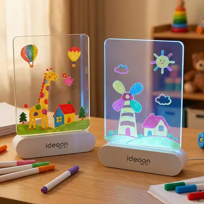 Produktbild von 2er-Set Kreative LED Acryl Maltafel für Kinder: Kabellose DIY Lampe mit Akku & 7 Buntstifte – Das perfekte Leucht-Geschenk für kleine Künstler 22x15cm