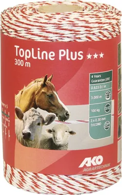 Produktbild von Litze TopLine Plus, 300m, - weiß/rot, 3 x 0,3mm TriCOND - TopLine Plus Weidezaunlitze -  TriCOND-Leiterdrähte wurden über die letzten Jahre intensiv getestet und bestechen durch sehr lange Haltbarkeit. Der geringe Widerstand von TriCOND-Drä