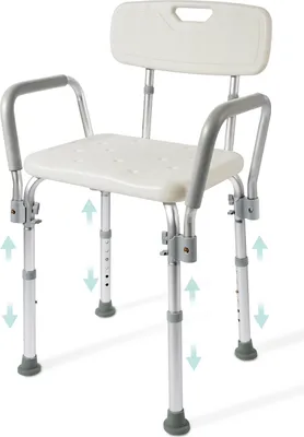 A white shower chair with armrests and a backrest, set against a white background.