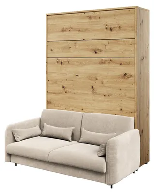 Produktbild von MEBLINI Schrankbett mit Sofa Bed Concept - Wandbett mit Lattenrost - Klappbett mit Schrank - Wandklappbett - Murphy Bed - BC-01 - 140x200cm Vertikal - Artisan Eiche/Beige mit Matratze