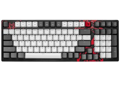 A top-down view of a gaming keyboard on a white background.