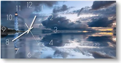 Produktbild von DEQORI Glasuhr 60x30 cm Zahlen 'Leuchtturm im Abendlicht' Wanduhr Glas Uhr Design leise