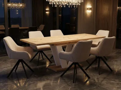 Produktbild von ENDO-Möbel Essgruppe "Lara White" - Esstisch ausziehbar 130-210cm in Eiche Artisan für 6 Personen mit Stühlen in Leinen-Beige