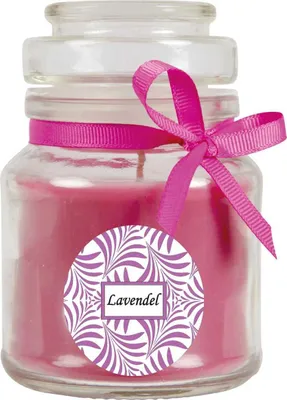 Zdjęcie produktu dla Świeca zapachowa z napisem "Lavender" w słoiku, wosk 120g - czas palenia ok. 30 godzin, świeca w słoiku w opakowaniu prezentowym