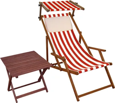 Produktbild von Liegestuhl rot-weiß Gartenstuhl Tisch Sonnendach Kissen Deckchair Buche Strandstuhl 10-314STKH