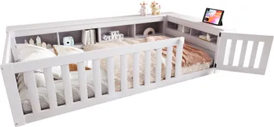 Produktbild von Kinderbett mit Lattenrost und Zaun, 90x200 cm, Jugendbett, Einzelbett, Rausfallschutz, Stauraum, Kiefer